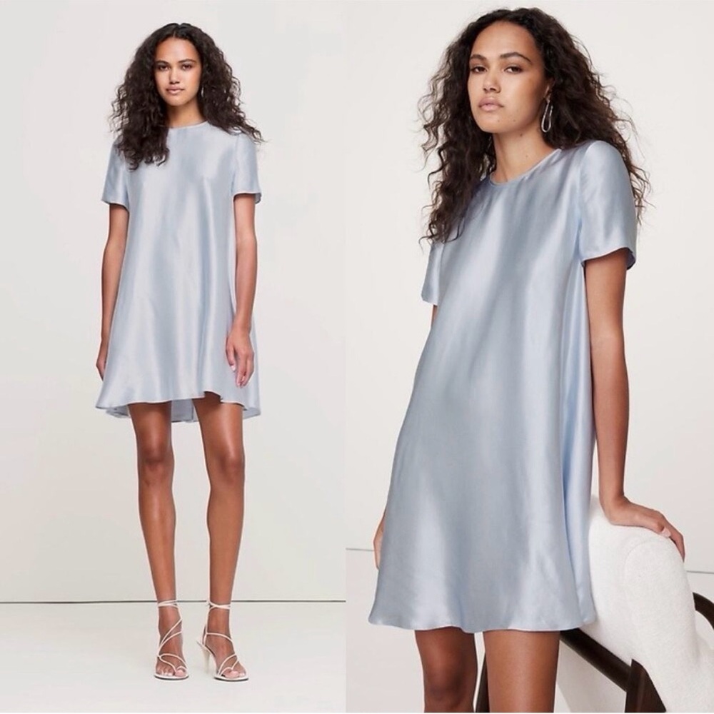 Banana Republic Aurelia Satin Trapeze Mini Dress Cirrus Blue XXL